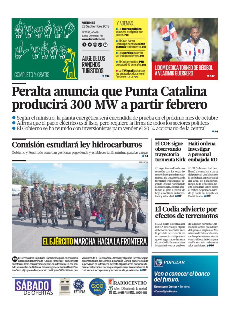 Portada Periódico Diario Libre, Viernes 28 de Septiembre 2018
