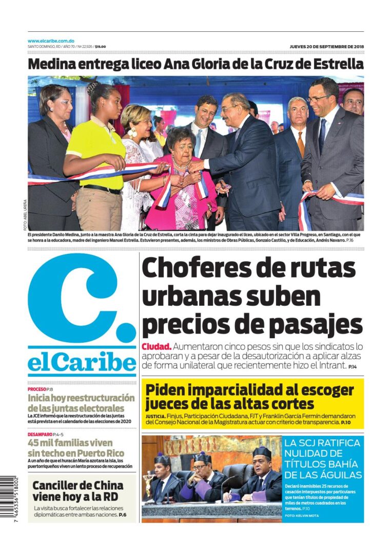 Portada Periódico El Caribe, Jueves 20 de Septiembre 2018