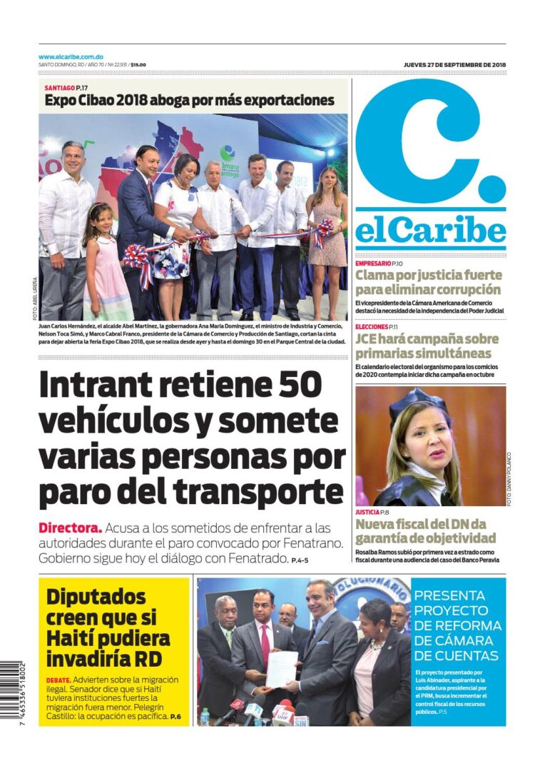 Portada Periódico El Caribe, Jueves 27 de Septiembre 2018