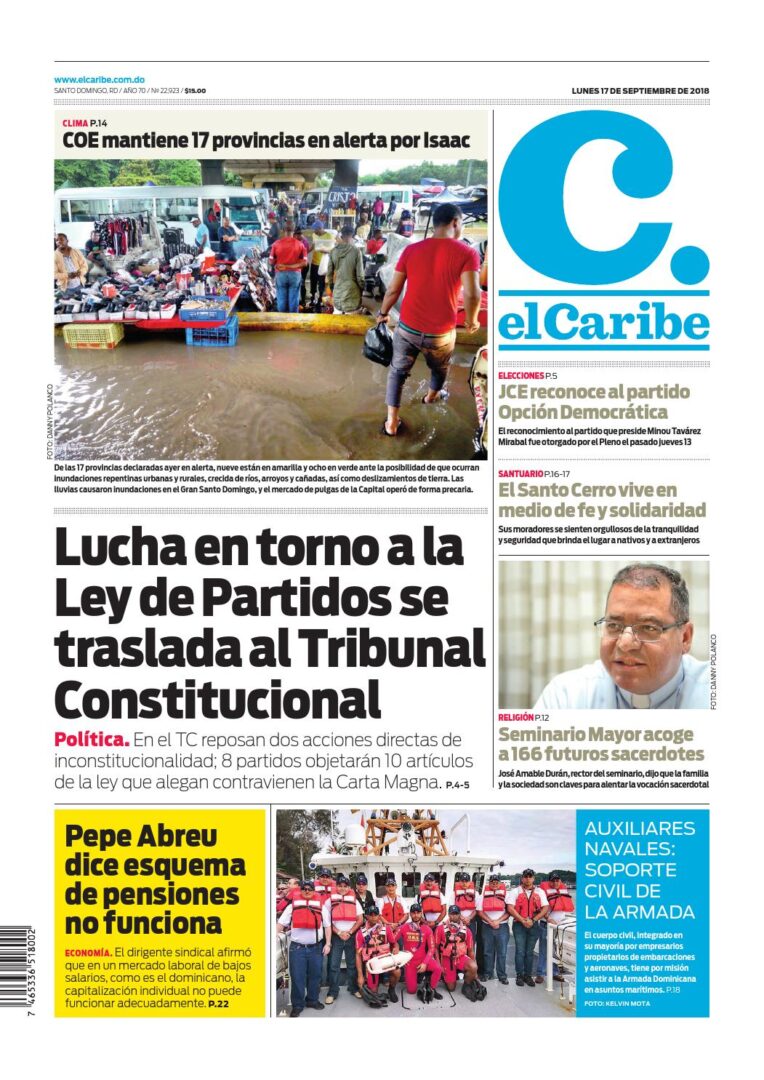 Portada Periódico El Caribe, Lunes 17 de Septiembre 2018