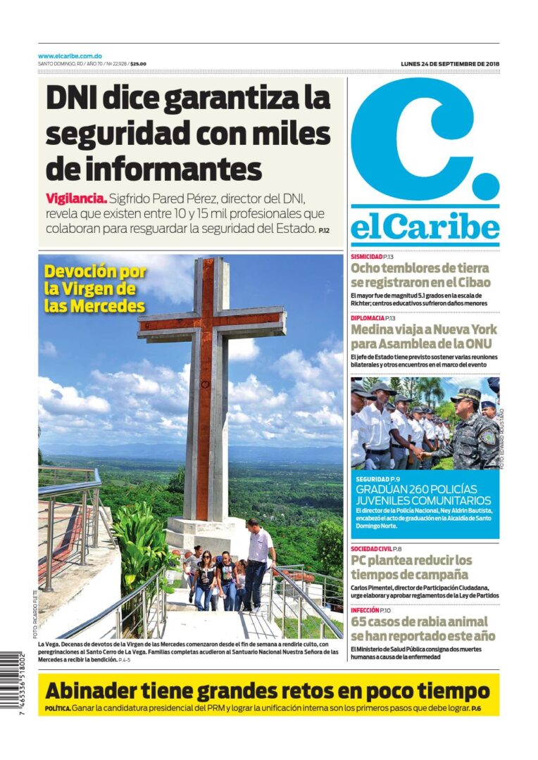 Portada Periódico El Caribe, Lunes 24 de Septiembre 2018
