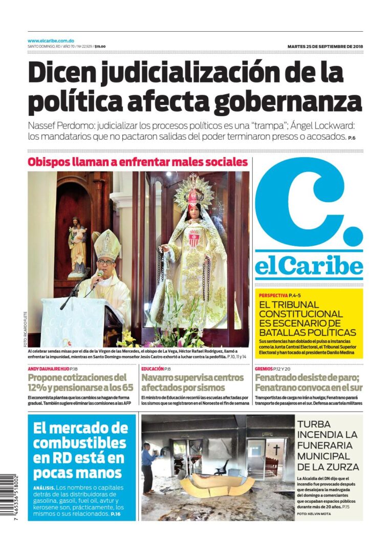 Portada Periódico El Caribe, Martes 25 de Septiembre 2018