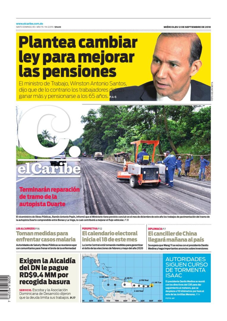 Portada Periódico El Caribe, Miércoles 12 de Septiembre 2018