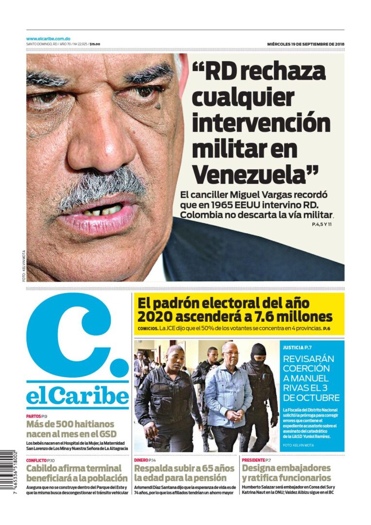 Portada Periódico El Caribe, Miércoles 19 de Septiembre 2018