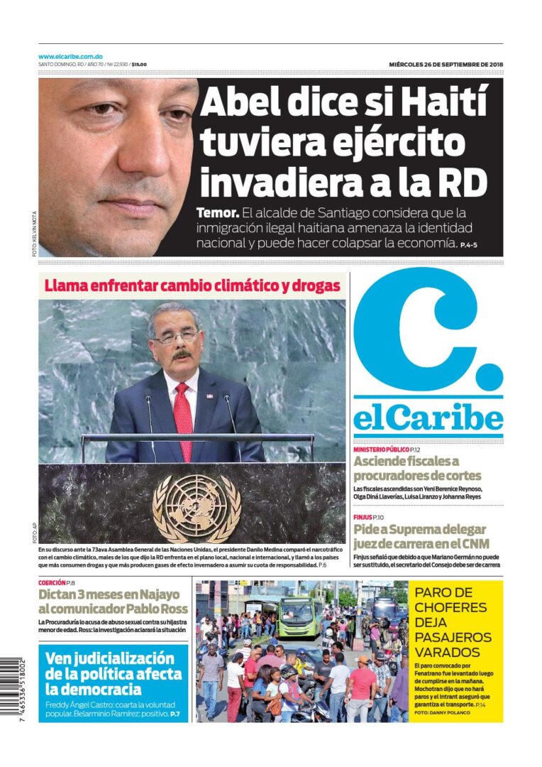 Portada Periódico El Caribe, Miércoles 26 de Septiembre 2018