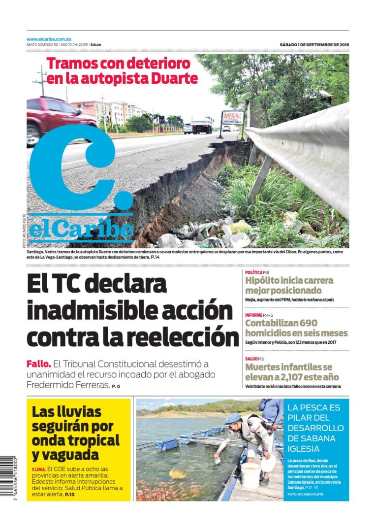Portada Periódico El Caribe, Sábado 01 de Septiembre 2018