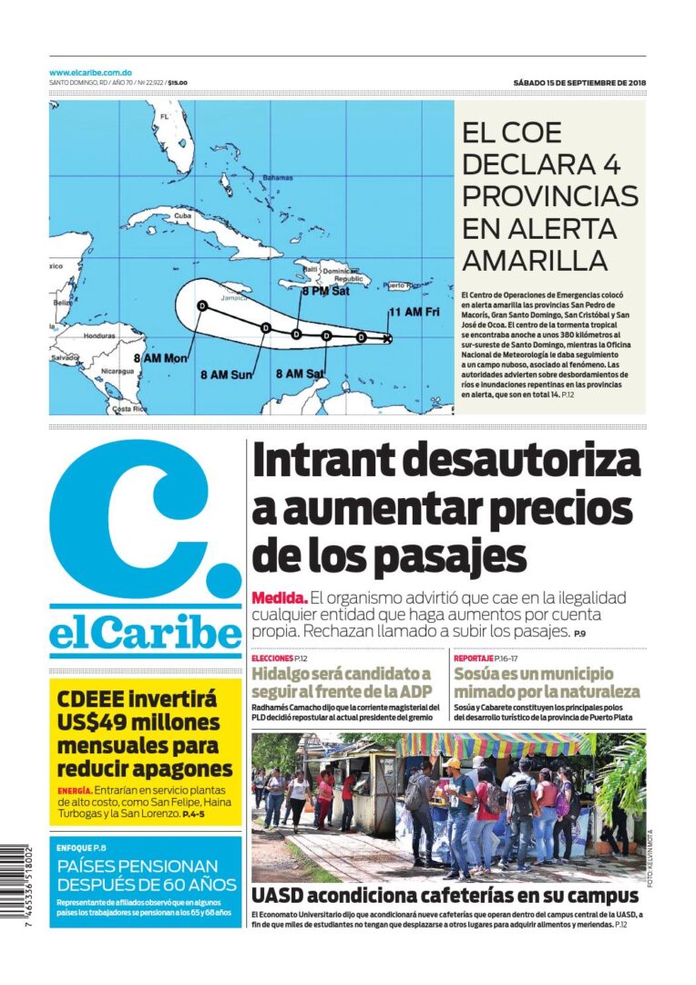 Portada Periódico El Caribe, Sábado 15 de Septiembre 2018