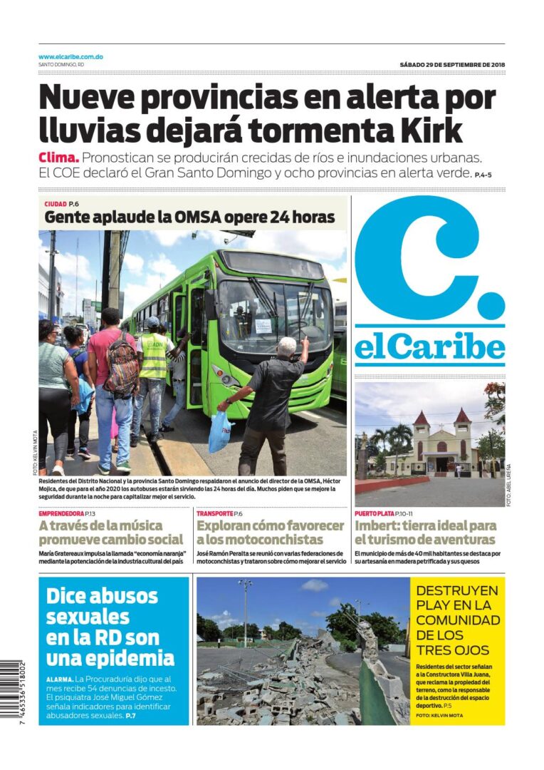 Portada Periódico El Caribe, Sábado 29 de Septiembre 2018