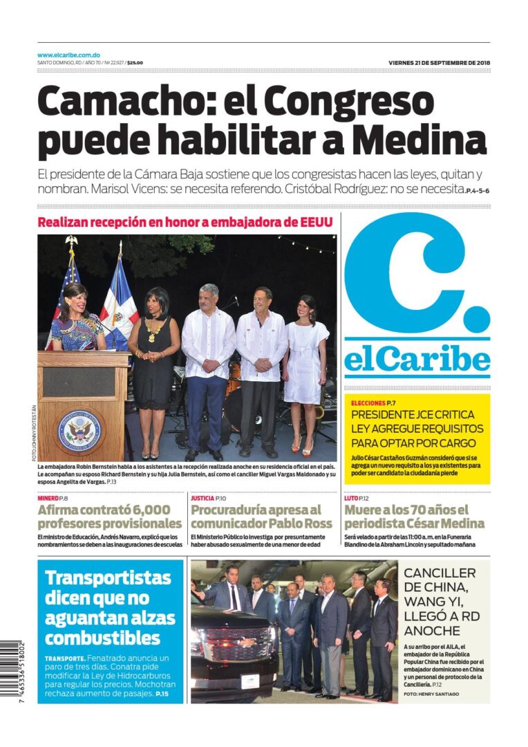Portada Periódico El Caribe, Viernes 21 de Septiembre 2018