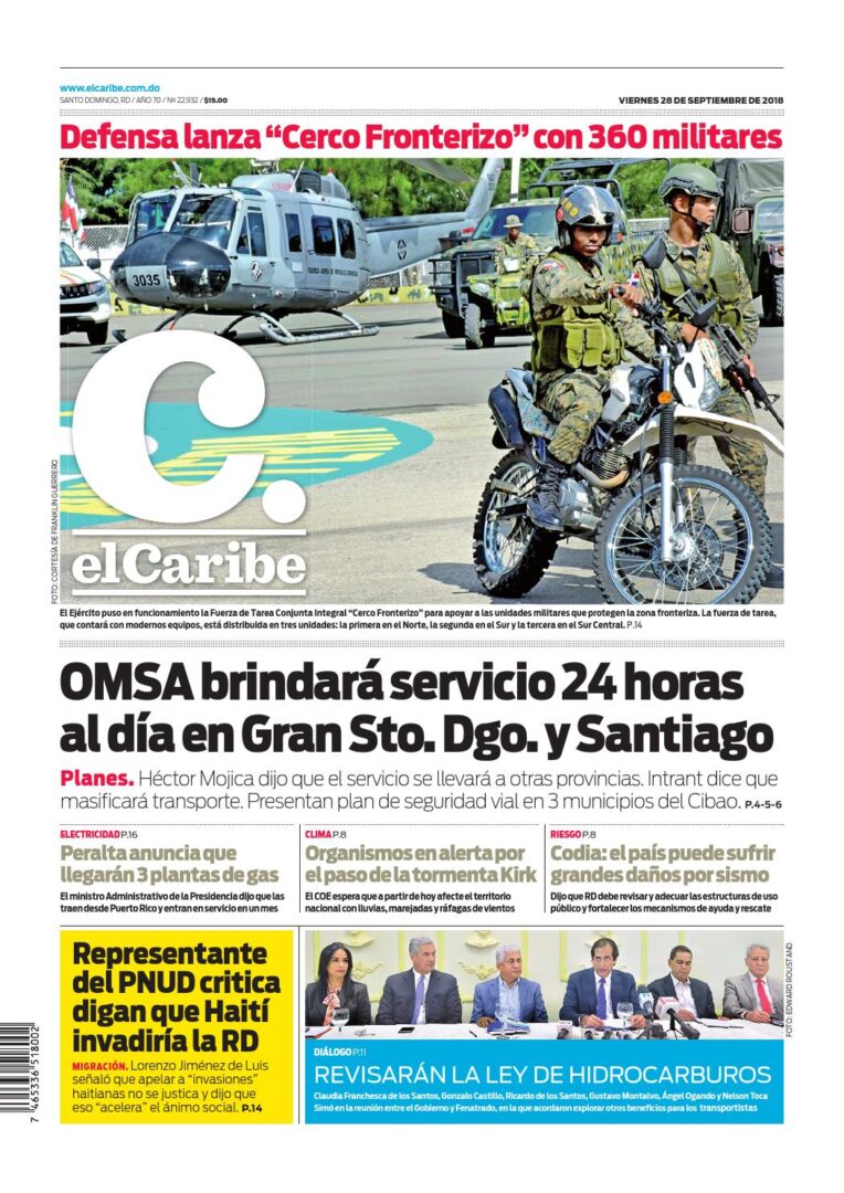 Portada Periódico El Caribe, Viernes 28 de Septiembre 2018