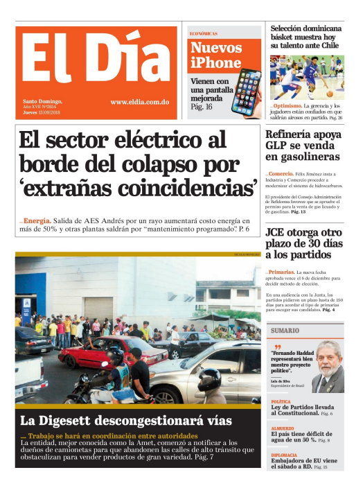 Portada Periódico El Día, Jueves 13 de Septiembre 2018