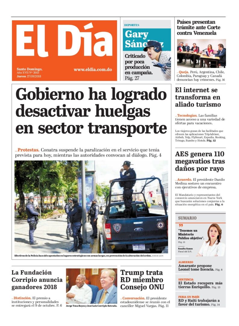 Portada Periódico El Día, Jueves 27 de Septiembre 2018