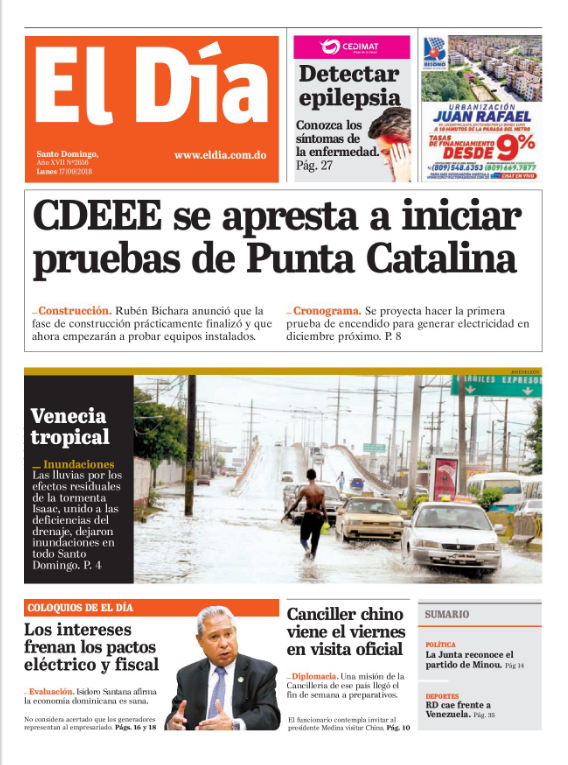 Portada Periódico El Día, Lunes 17 de Septiembre 2018