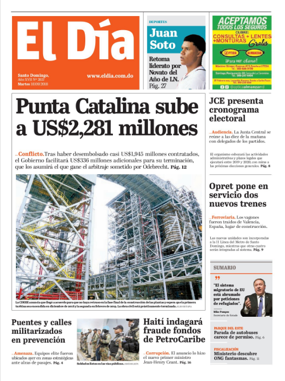 Portada Periódico El Día, Martes 18 de Septiembre 2018