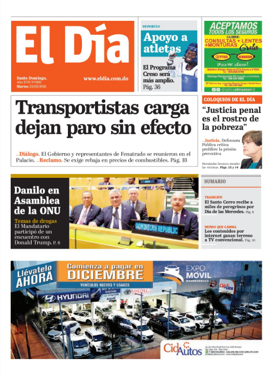 Portada Periódico El Día, Martes 25 de Septiembre 2018