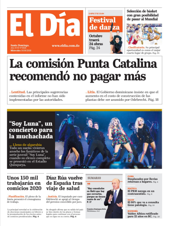 Portada Periódico El Día, Miércoles 19 de Septiembre 2018