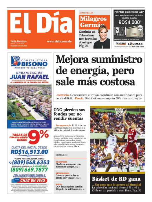Portada Periódico El Día, Viernes 14 de Septiembre 2018