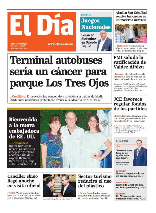 Portada Periódico El Día, Viernes 21 de Septiembre 2018
