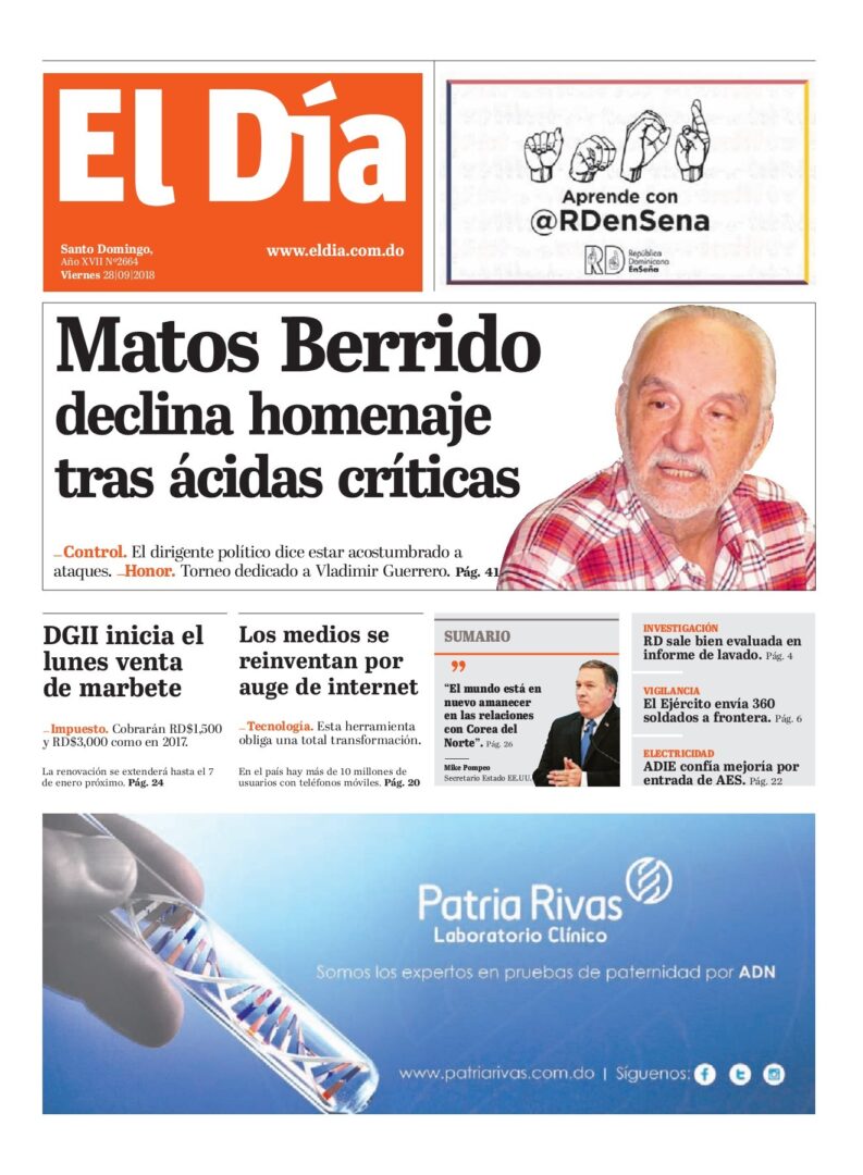 Portada Periódico El Día, Viernes 28 de Septiembre 2018