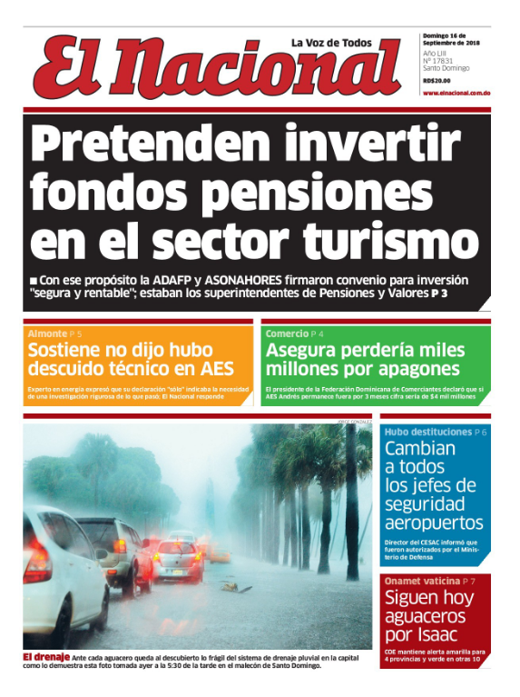 Portada Periódico El Nacional, Domingo 16 de Septiembre 2018