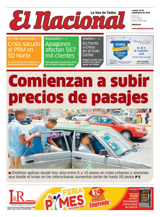 Portada Periódico El Nacional, Jueves 13 de Septiembre 2018