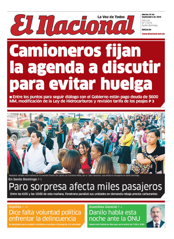Portada Periódico El Nacional, Martes 25 de Septiembre 2018