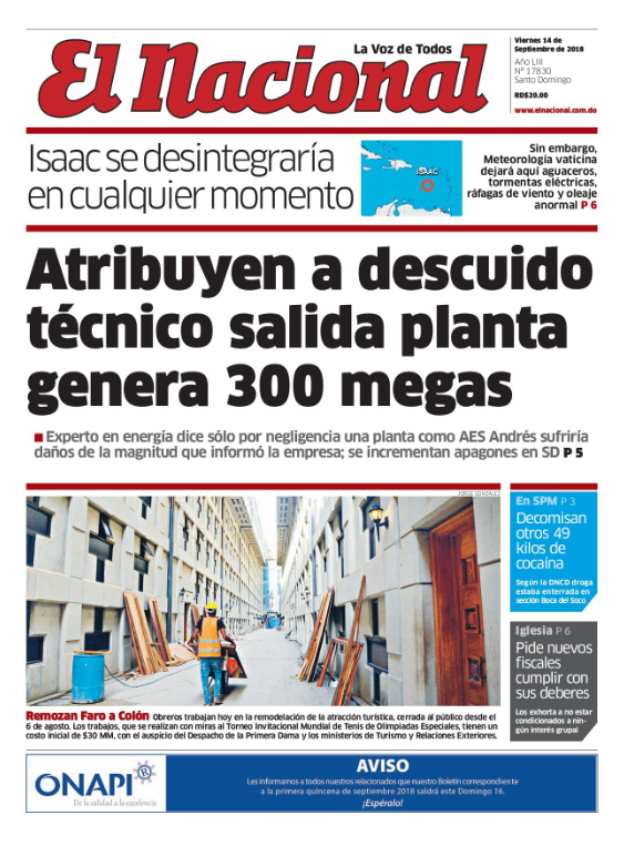 Portada Periódico El Nacional, Viernes 14 de Septiembre 2018