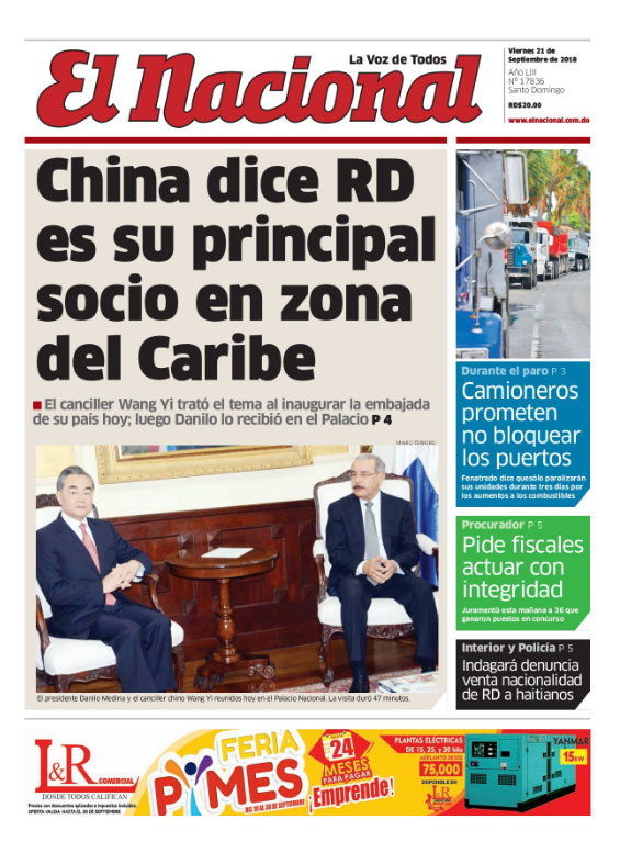 Portada Periódico El Nacional, Viernes 21 de Septiembre 2018