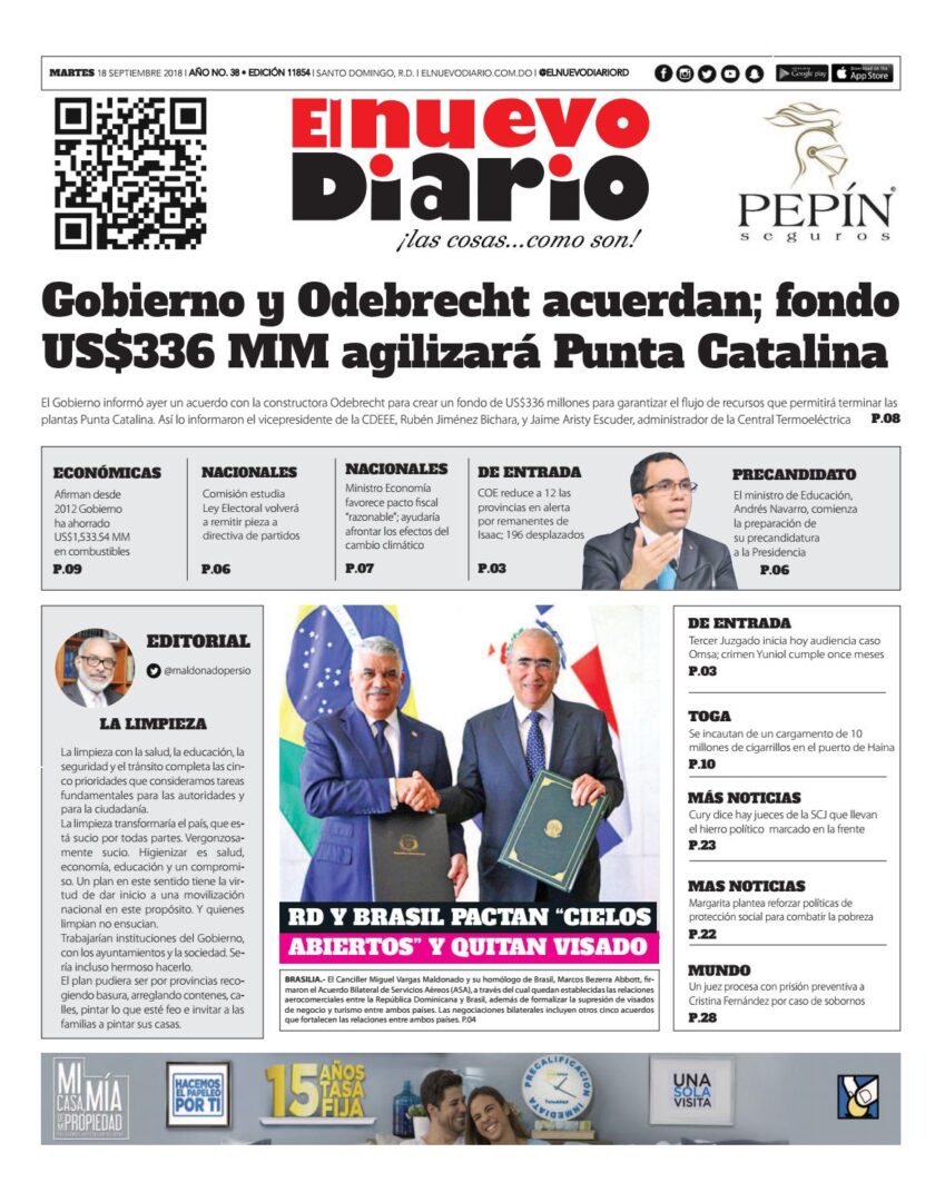 Portada Periódico El Nuevo Diario, Martes 18 de Septiembre 2018