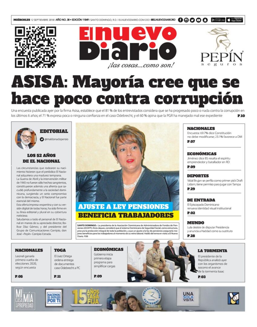 Portada Periódico El Nuevo Diario, Miércoles 12 de Septiembre 2018
