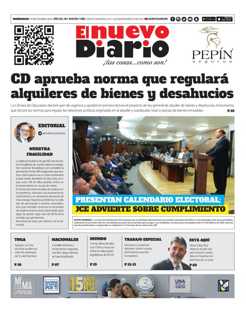 Portada Periódico El Nuevo Diario, Miércoles 19 de Septiembre 2018