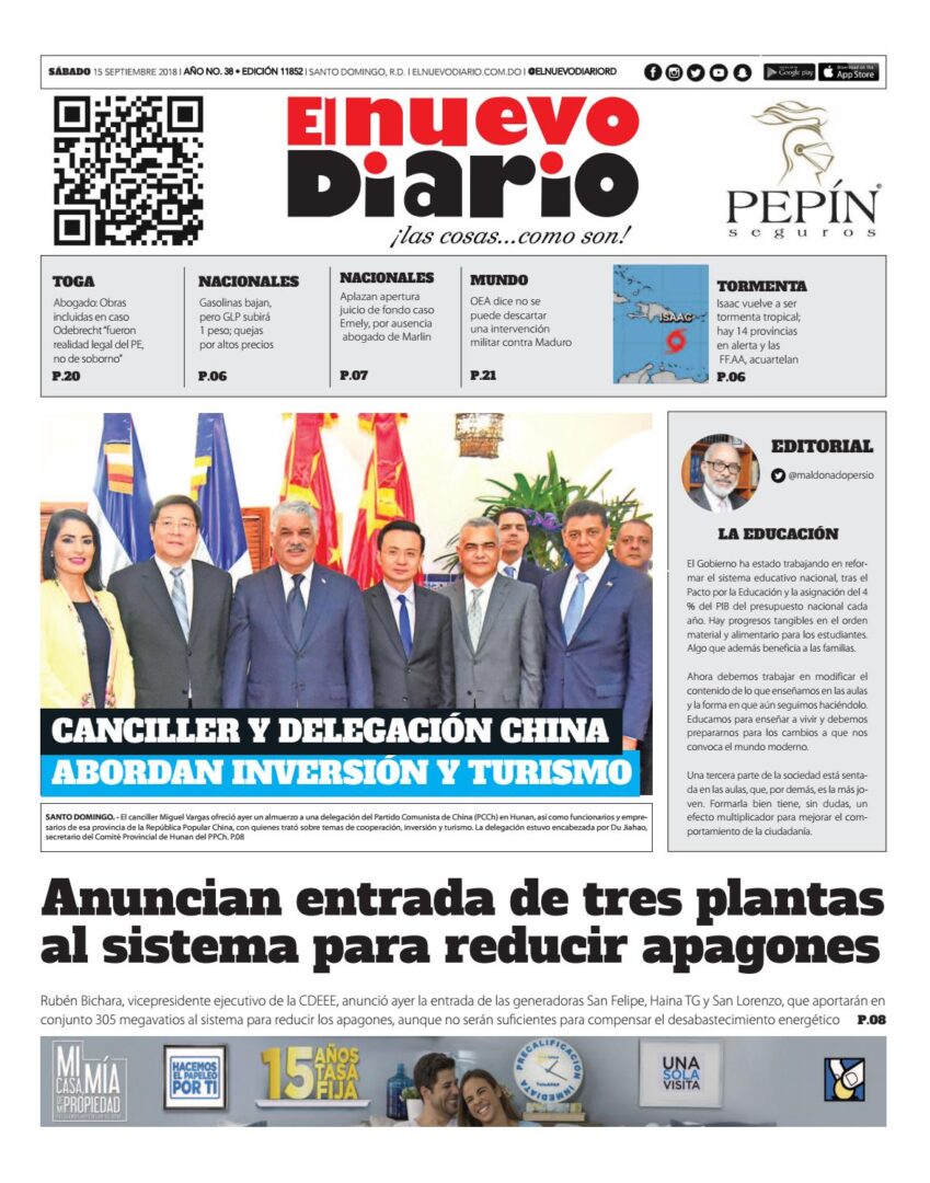 Portada Periódico El Nuevo Diario, Sábado 15 de Septiembre 2018