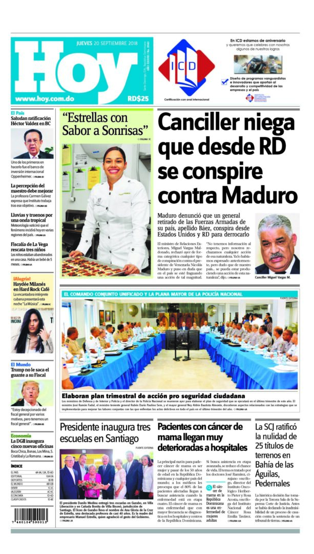 Portada Periódico Hoy, Jueves 20 de Septiembre 2018