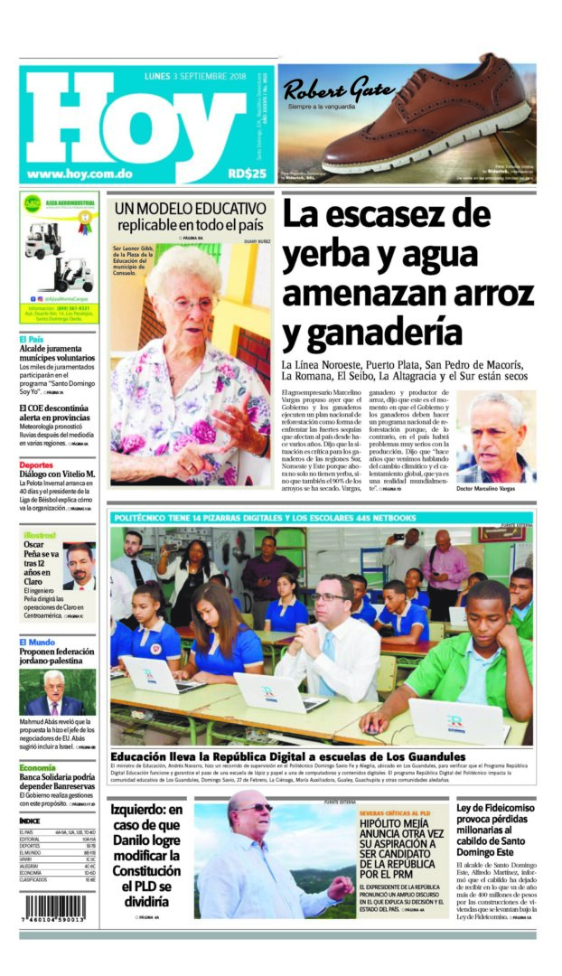 Portada Periódico Hoy, Lunes 03 de Septiembre 2018