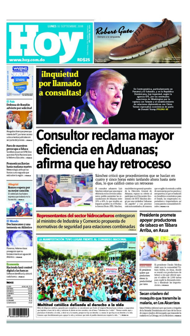 Portada Periódico Hoy, Lunes 10 de Septiembre 2018