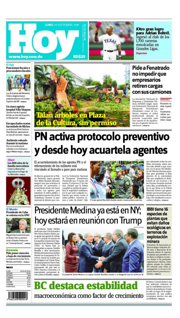Portada Periódico Hoy, Lunes 24 de Septiembre 2018