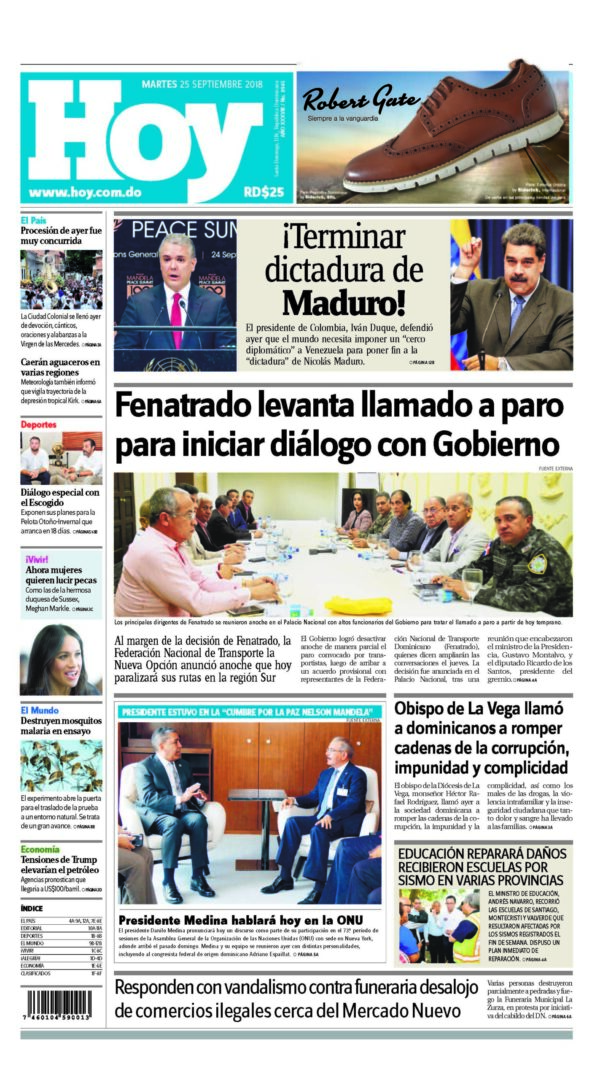 Portada Periódico Hoy, Martes 25 de Septiembre 2018