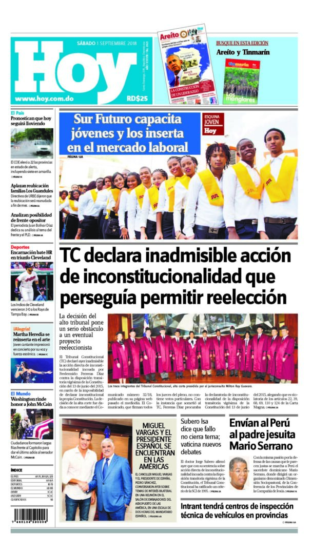 Portada Periódico Hoy, Sábado 01 de Septiembre 2018