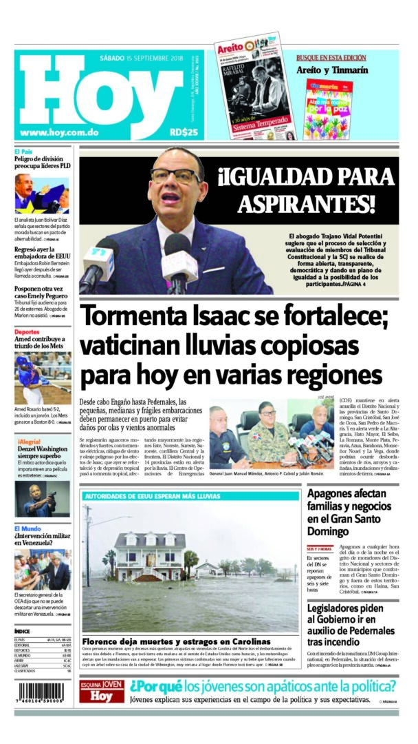 Portada Periódico Hoy, Sábado 15 de Septiembre 2018