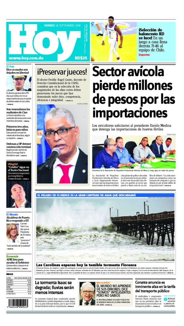 Portada Periódico Hoy, Viernes 14 de Septiembre 2018