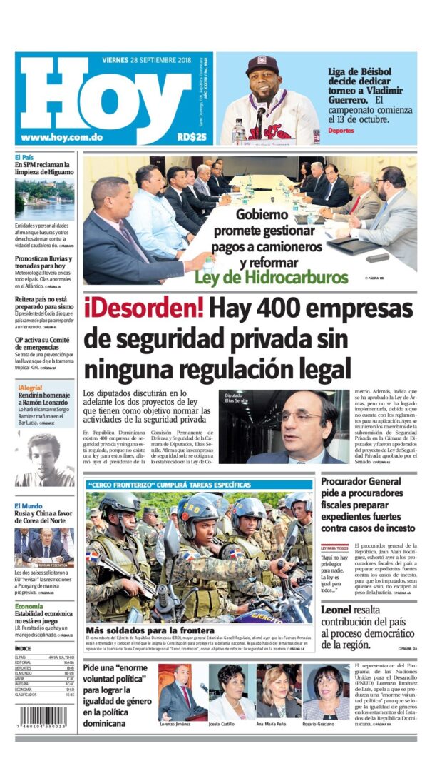 Portada Periódico Hoy, Viernes 28 de Septiembre 2018