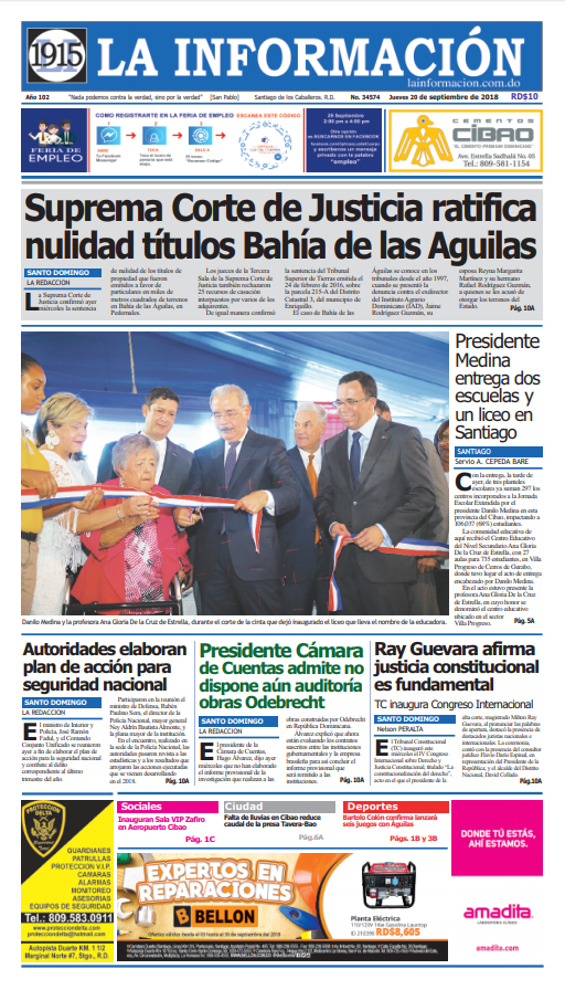 Portada Periódico La Información, Jueves 20 de Septiembre 2018