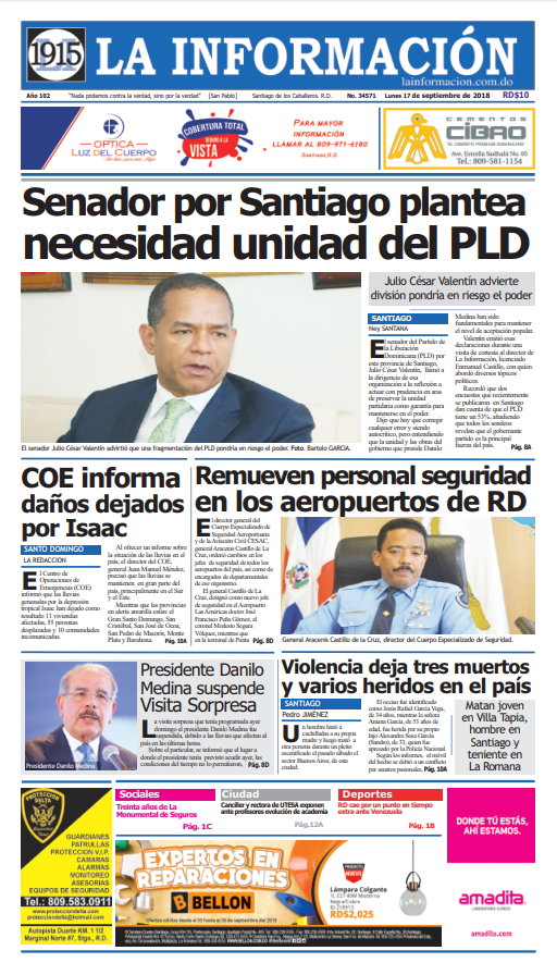 Portada Periódico La Información, Lunes 17 de Septiembre 2018