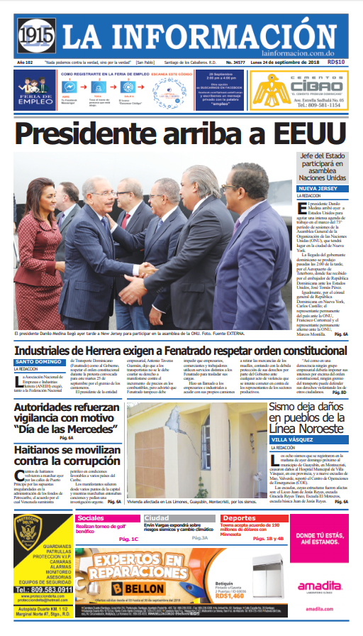 Portada Periódico La Información, Lunes 24 de Septiembre 2018