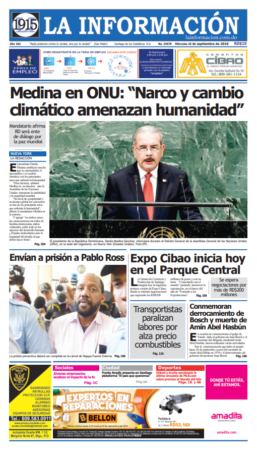 Portada Periódico La Información, Miércoles 26 de Septiembre 2018