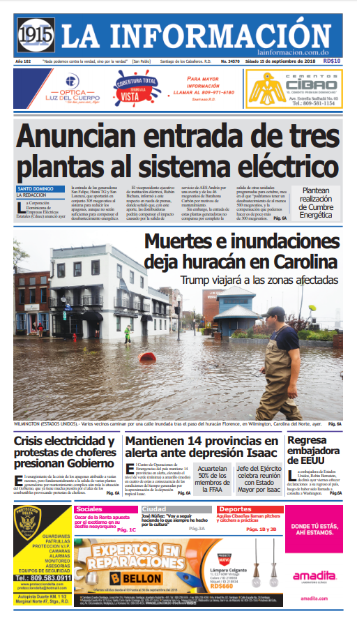 Portada Periódico La Información, Sábado 15 de Septiembre 2018
