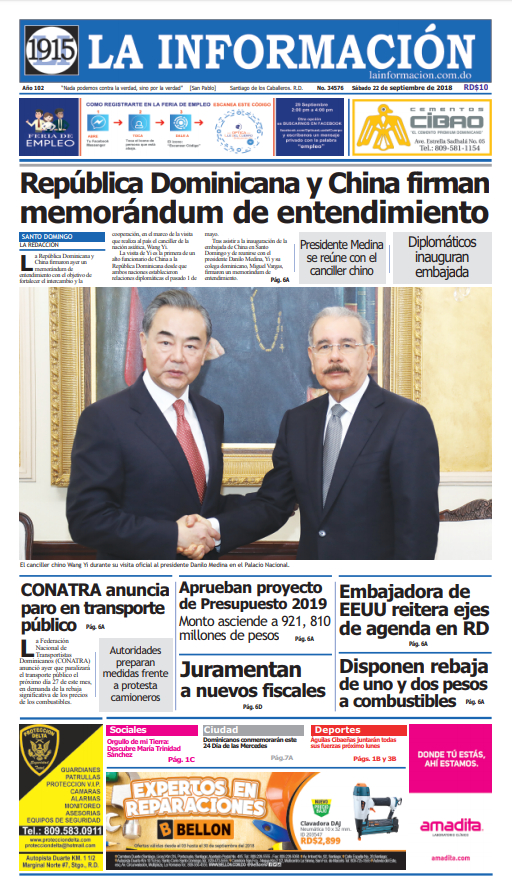 Portada Periódico La Información, Sábado 22 de Septiembre 2018