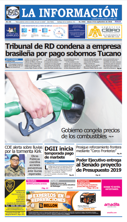 Portada Periódico La Información, Sábado 29 de Septiembre 2018