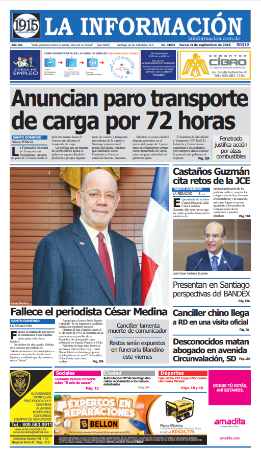 Portada Periódico La Información, Viernes 21 de Septiembre 2018