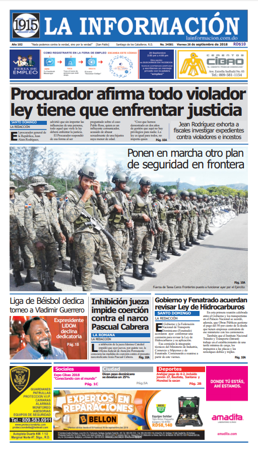 Portada Periódico La Información, Viernes 28 de Septiembre 2018